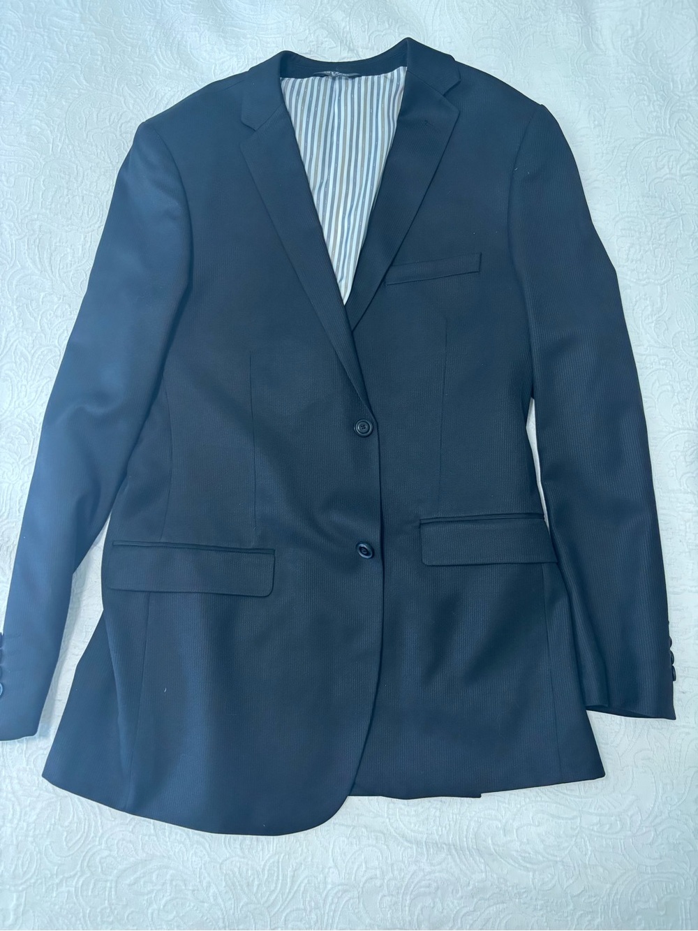West End Men’s Suit Jacket Blazer Black Stripe Tech Pockets Size 40L 34W